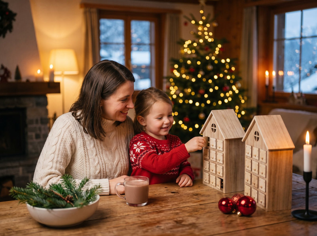 Mutter und Tochter öffnen gemeinsam ein Türchen am Adventskalender